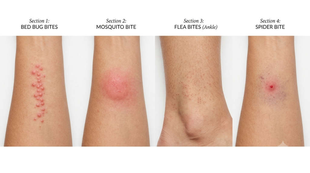 bed bug bites vs mosquito flea spider bite comparison Side by side comparison of bed bug bites versus mosquito flea and spider bites on human skin