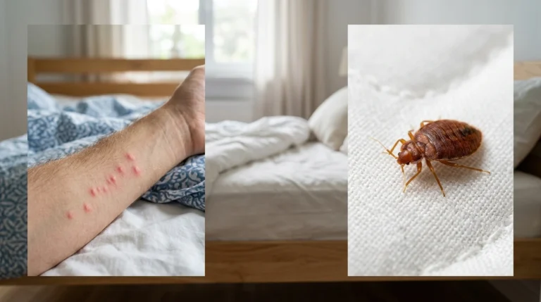 Bed bug bites on human arm showing raised red bumps in a line pattern with a bed bug close-up