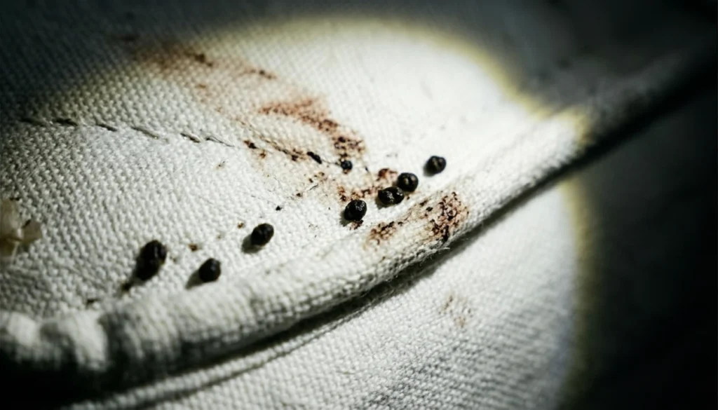 bed bug fecal spots mattress closeup 21 1 Bed bug fecal spots appearing as tiny dark ink dots along a white mattress seam