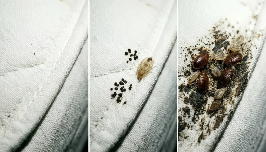 bed bug infestation stages light moderate heavy Three stages of bed bug infestation progression from light to moderate to heavy showing mattress damage