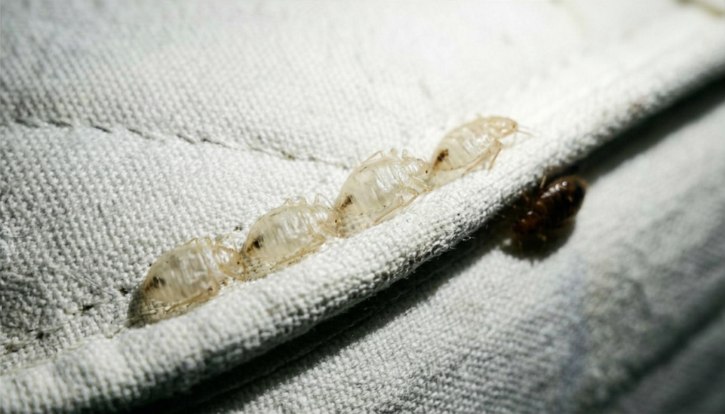 bed bug shed skins cast exoskeletons mattress Pale translucent bed bug shed skins and cast exoskeletons found along mattress seam and box spring