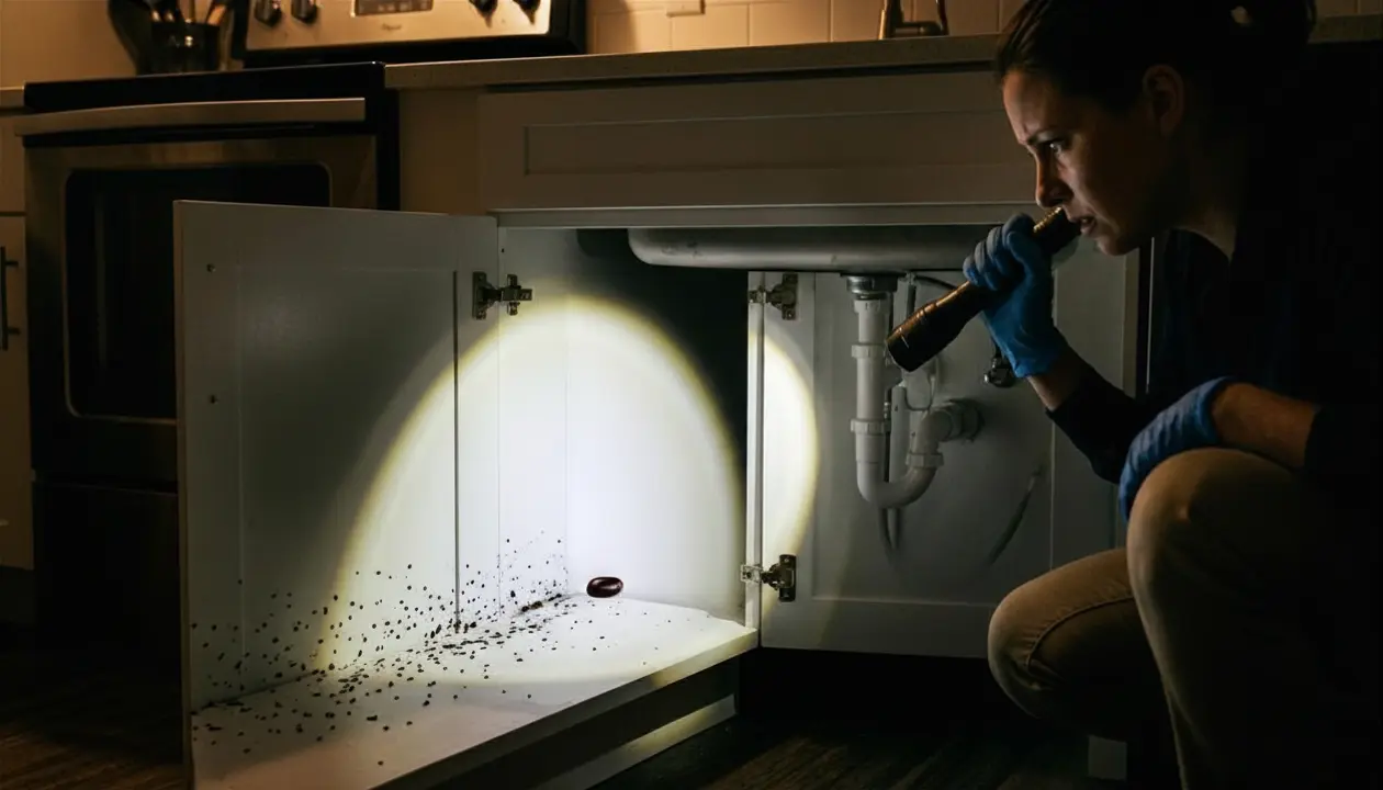 cockroach infestation assessment flashlight fecal deposits egg case 2 Person using flashlight after dark to inspect kitchen cabinet for cockroach fecal deposits shed skins and egg cases
