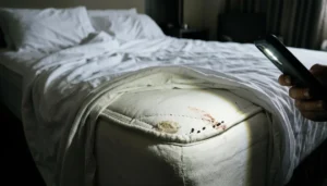 Live adult bed bug reddish-brown apple seed size crawling along white mattress seam