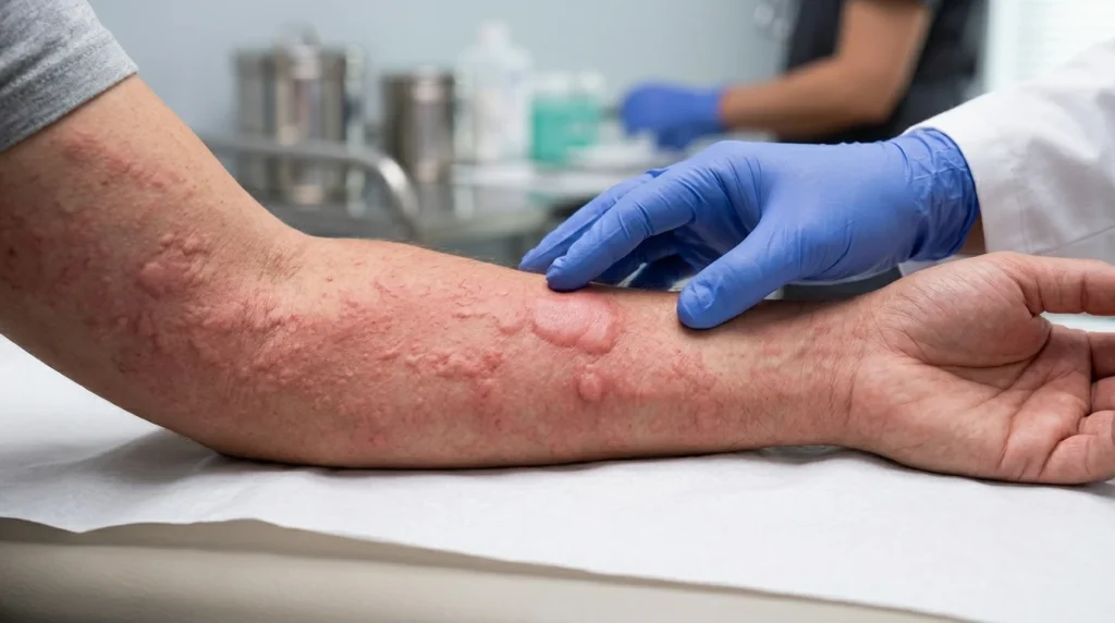 when to see doctor for bed bug bites allergic reaction Person showing severe bed bug bite allergic reaction hives on arm consulting a doctor