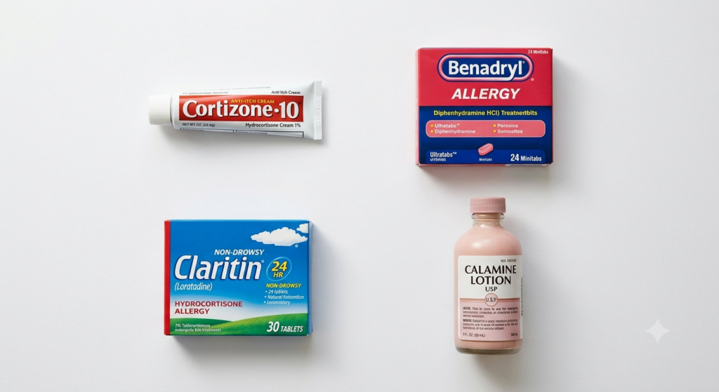Mosquito bite treatment products including hydrocortisone cream antihistamines and calamine lotion on white surface