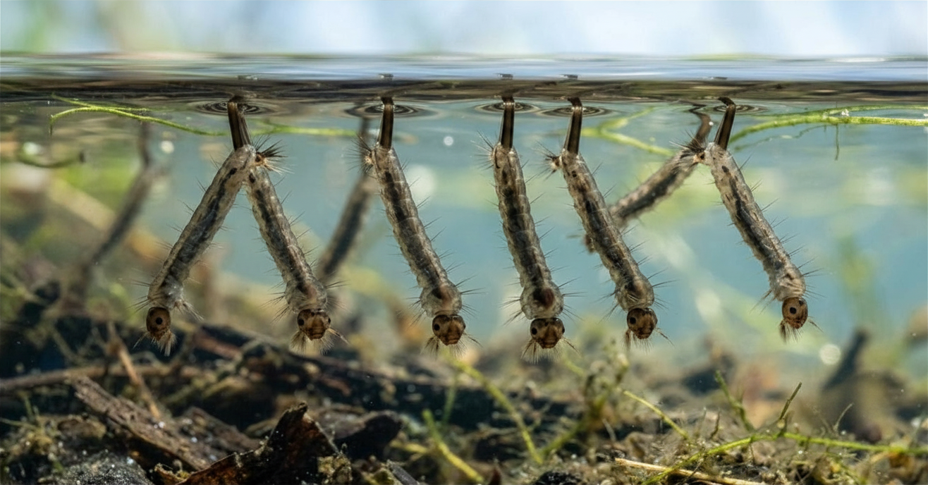 Mosquito larvae wigglers hanging head-down near water surface breathing through syphon tube in stagnant water