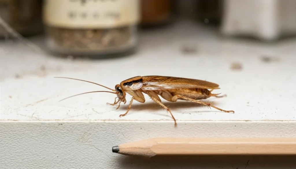 German cockroach close up showing two dark parallel stripes on tan body found near kitchen cabinet German cockroach close-up showing two dark parallel stripes on tan body found near kitchen cabinet