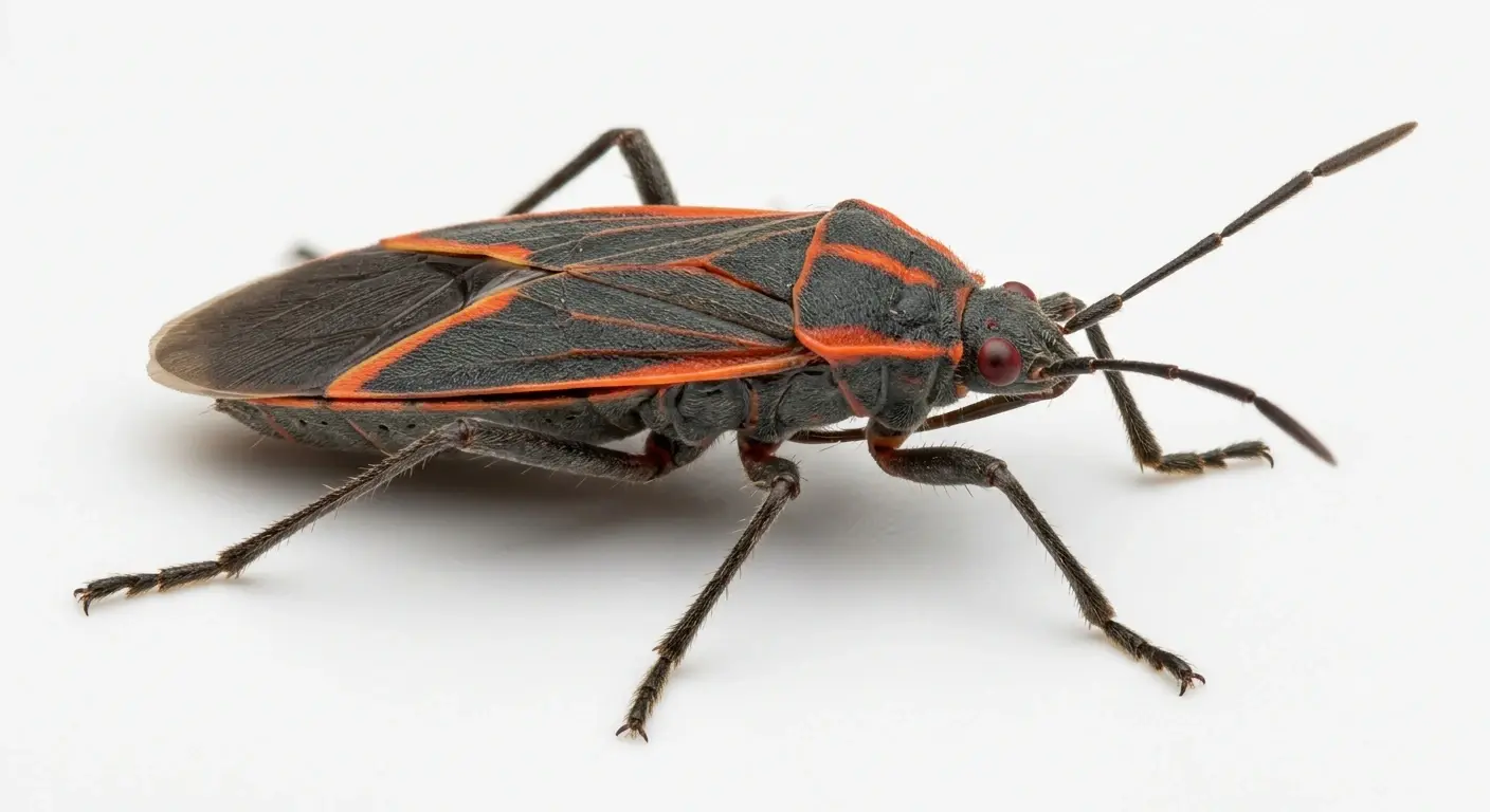 adult boxelder bug red markings identification 1 Adult box elder bug close-up showing black body bright red orange stripes along wing edges and X-wing pattern