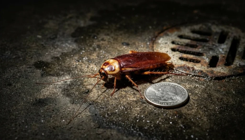 american cockroach reddish brown yellow figure eight head marking American cockroach close-up showing reddish-brown body and yellow figure-eight marking on head near basement drain