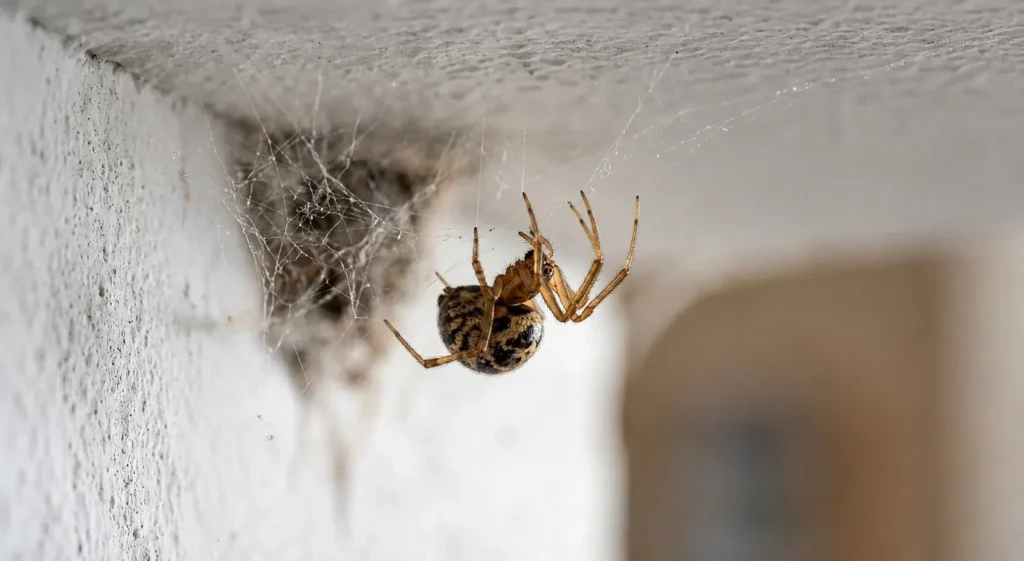 american house spider American house spider hanging upside down in tangled cobweb in home corner