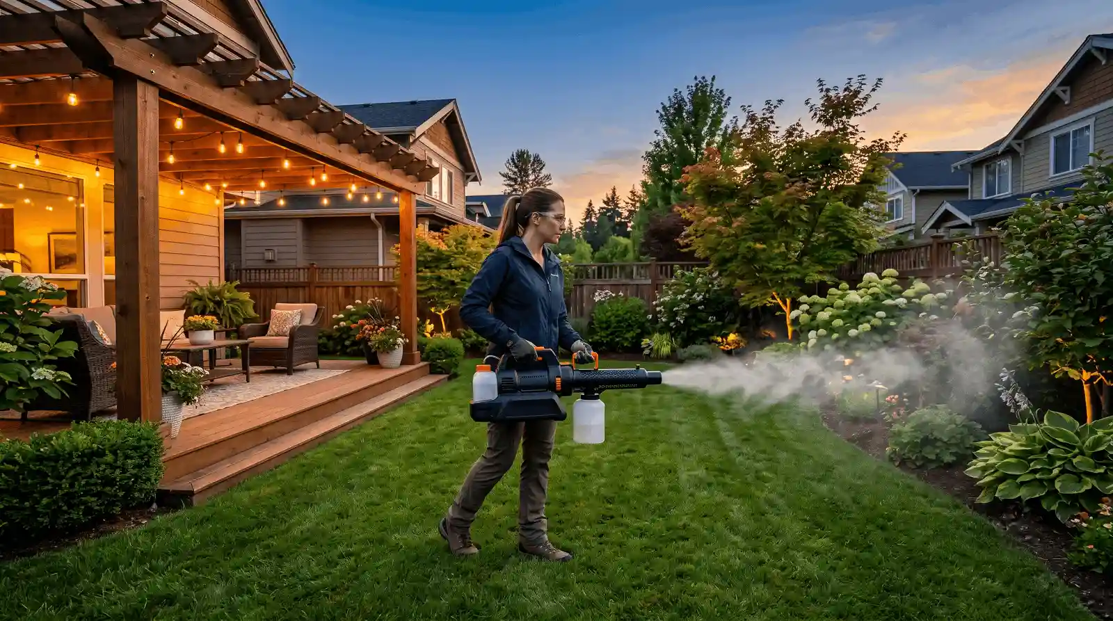 best mosquito fogger yard treatment A homeowner operating a portable mosquito fogger machine to treat a suburban lawn and garden perimeter at dusk.