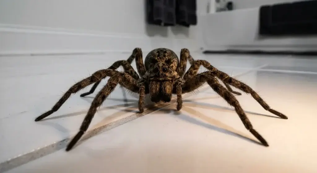 Large brown wolf spider found on bathroom tile floor at home. 