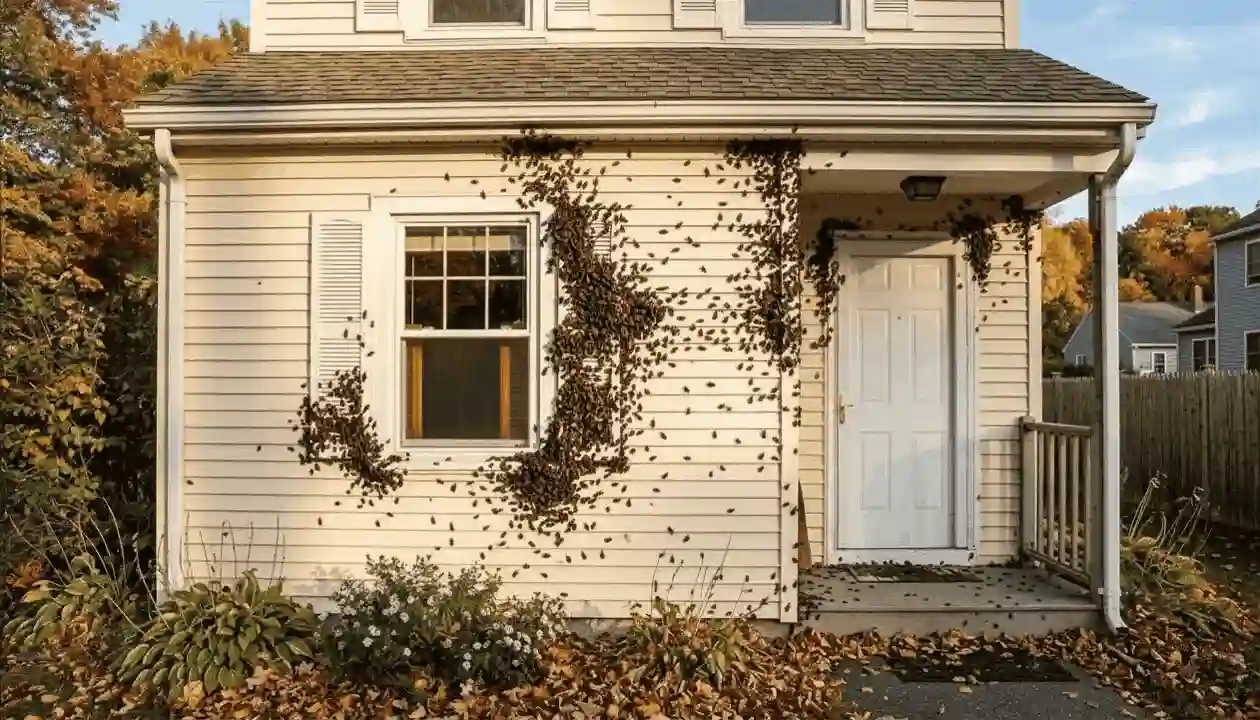 box elder bugs clustered south facing house wall fall invasion 1 Box elder bugs clustered on south-facing house wall in fall showing hundreds gathering before overwintering invasion