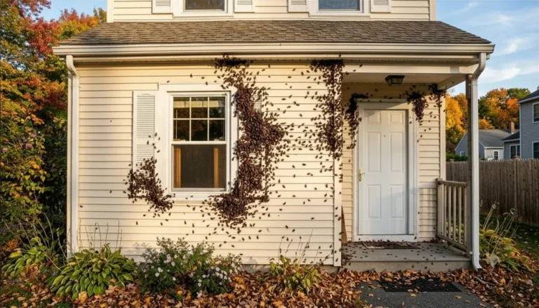 box elder bugs clustered south facing house wall fall invasion Box elder bugs clustered on south-facing house wall in fall showing hundreds gathering before overwintering invasion