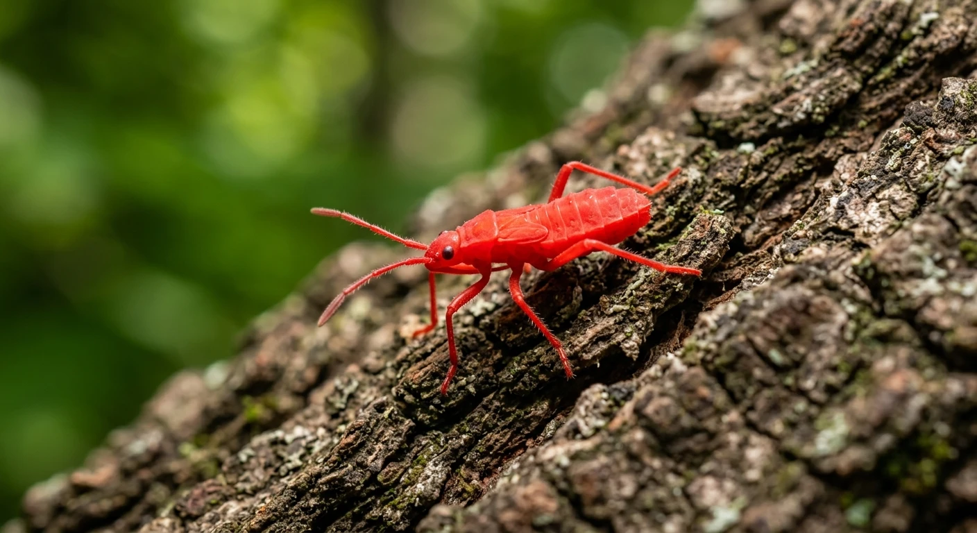 boxelder bug nymph red wingless early stage Close-up image of bright red boxelder bug nymph sitting on tree-wood