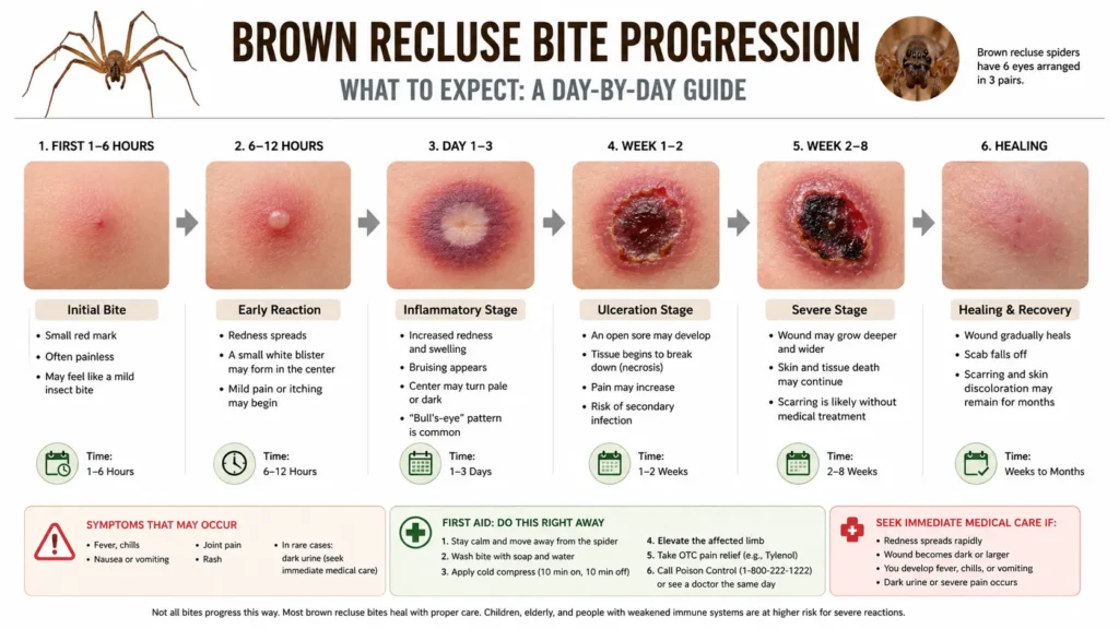 brown recluse bite stages Brown recluse spiders prefer dark undisturbed storage areas.