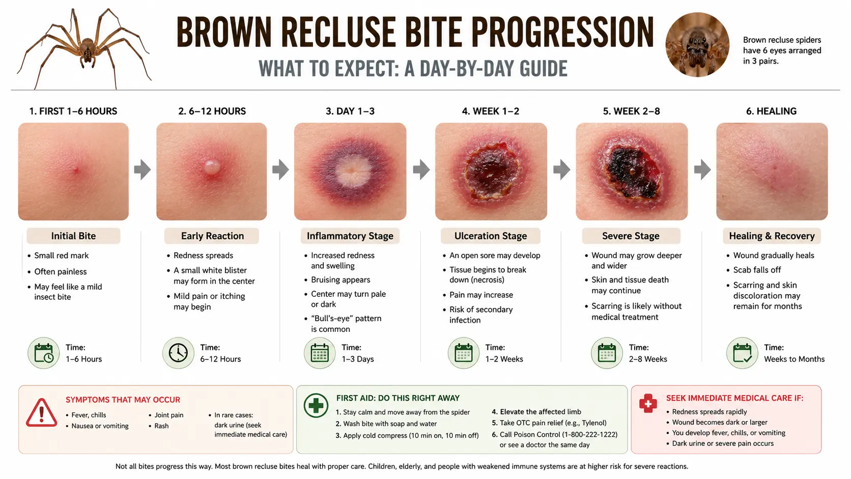 brown recluse bite stages An infographical chart showing brown recluse spider's bite progression