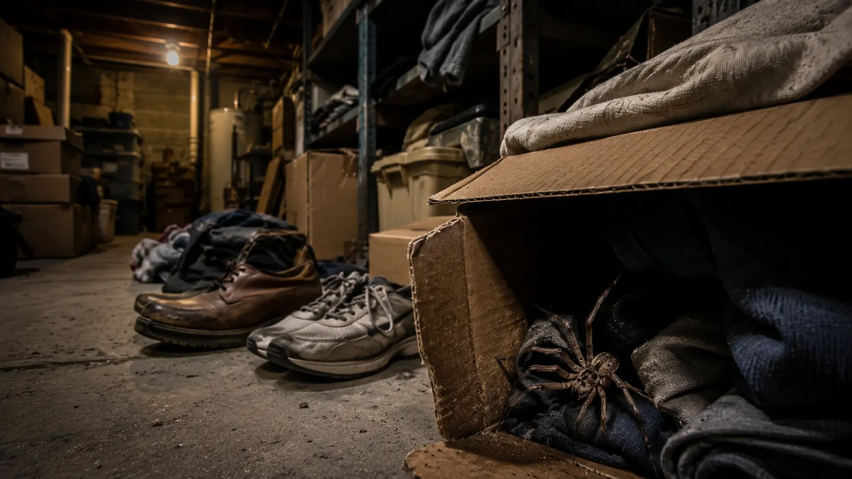 brown recluse hiding places A brown recluse hiding inside a cardboard filled with clothes. One of its most common hiding spot