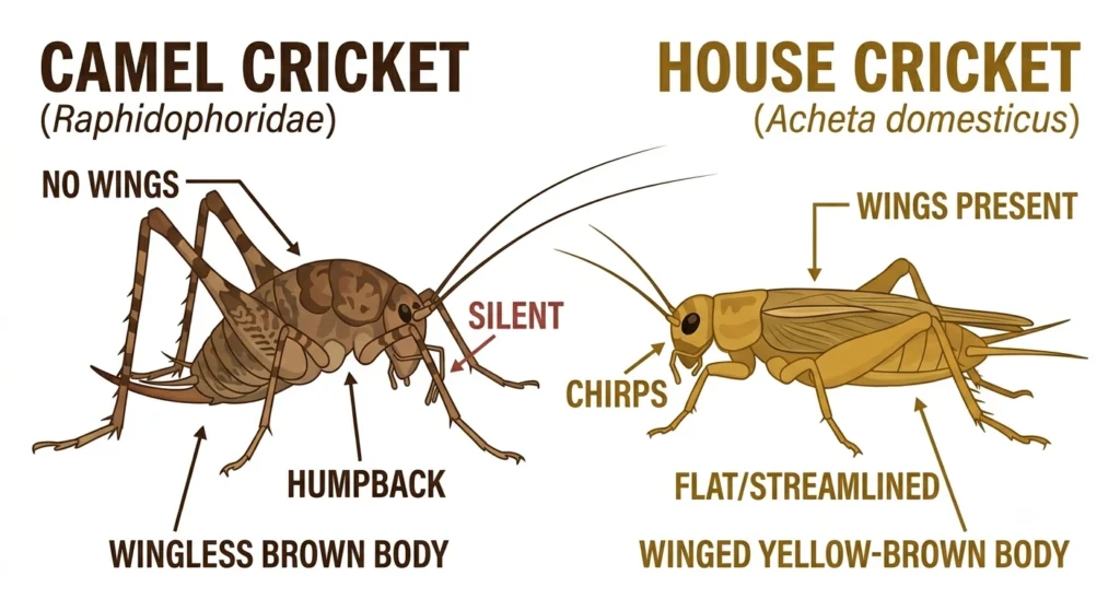 camel cricket vs house cricket side by side comparison humpback silent wingless vs chirping winged