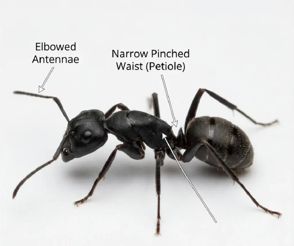 Labeled diagram of carpenter ant body parts showing elbowed antennae, narrow pinched waist, and smooth thorax