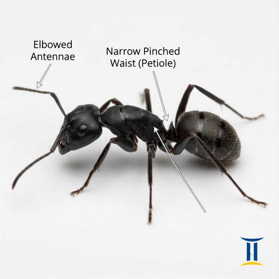 Labeled diagram of carpenter ant body parts showing elbowed antennae, narrow pinched waist, and smooth thorax
