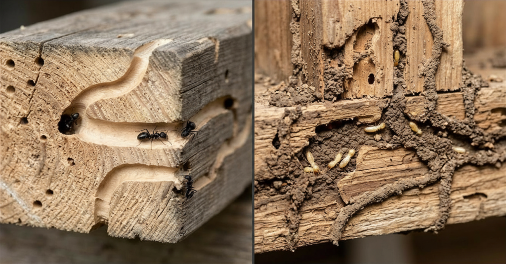 Comparison showing smooth clean carpenter ant tunnels versus mud-packed termite damage in wood