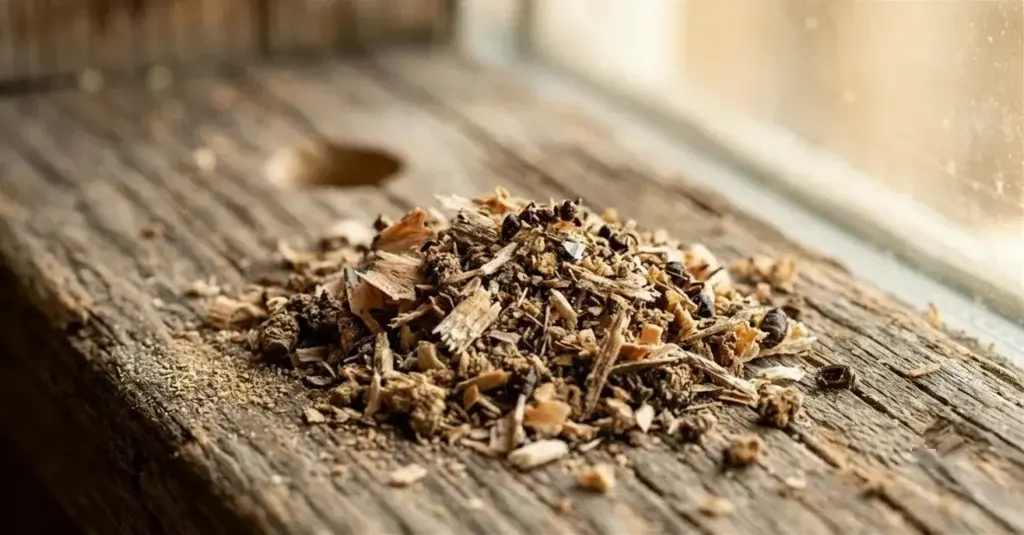 Carpenter ant frass sawdust-like debris on wooden windowsill near a kickout hole