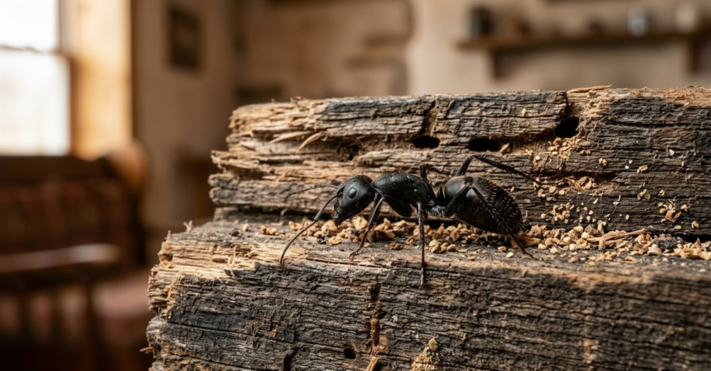 Carpenter ant on damaged wooden beam inside a home
