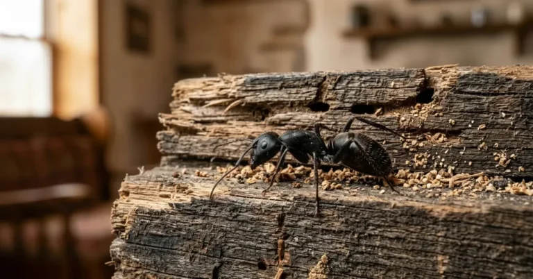Carpenter ant on damaged wooden beam inside a home
