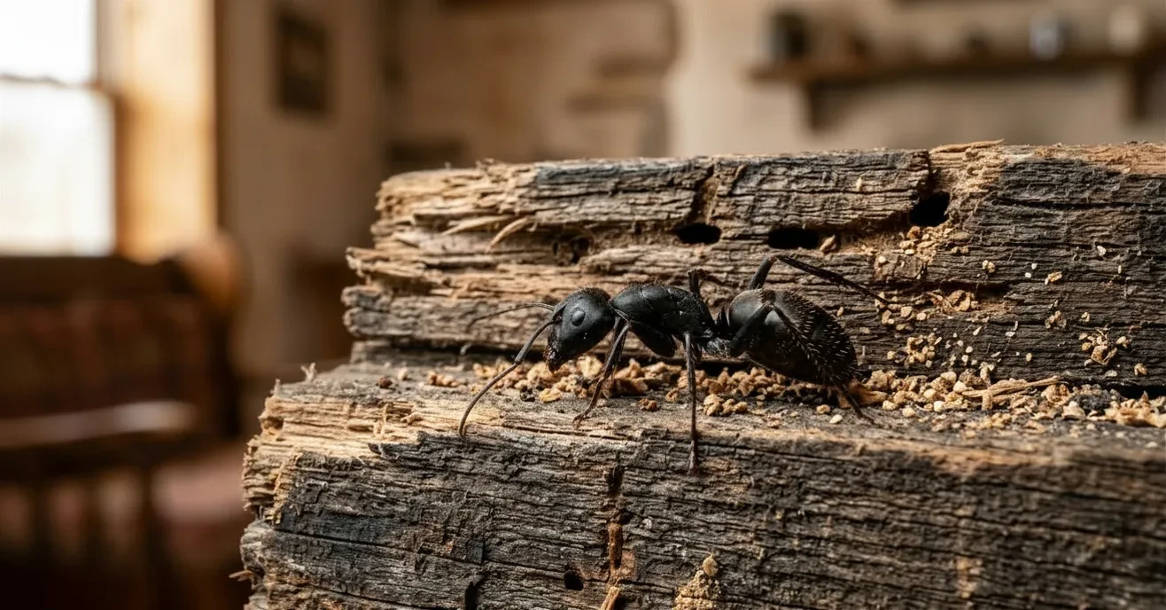 Close-up image of a Carpenter ant on damaged wooden beam inside a home