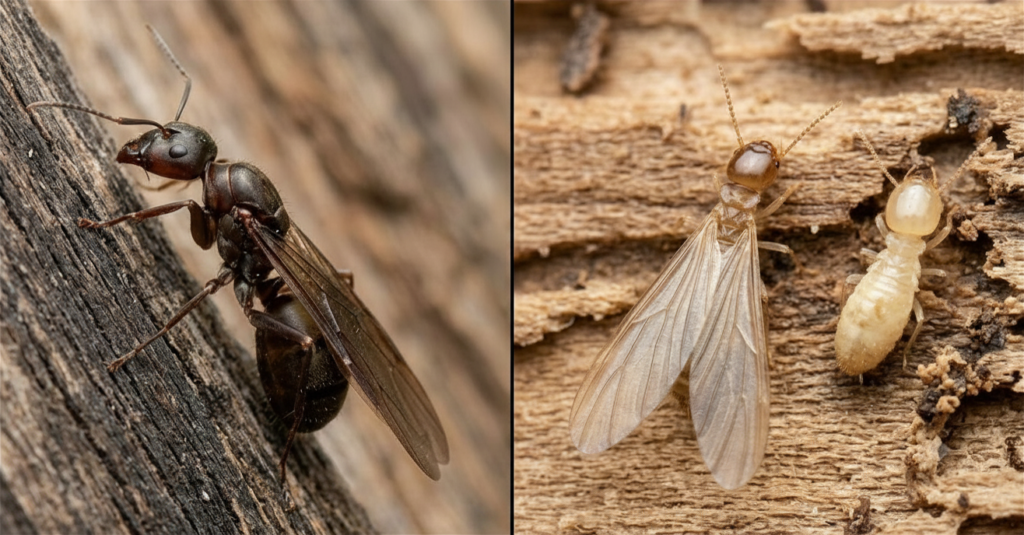 Carpenter ant quick facts infographic showing size, color, diet, activity time, and risk level