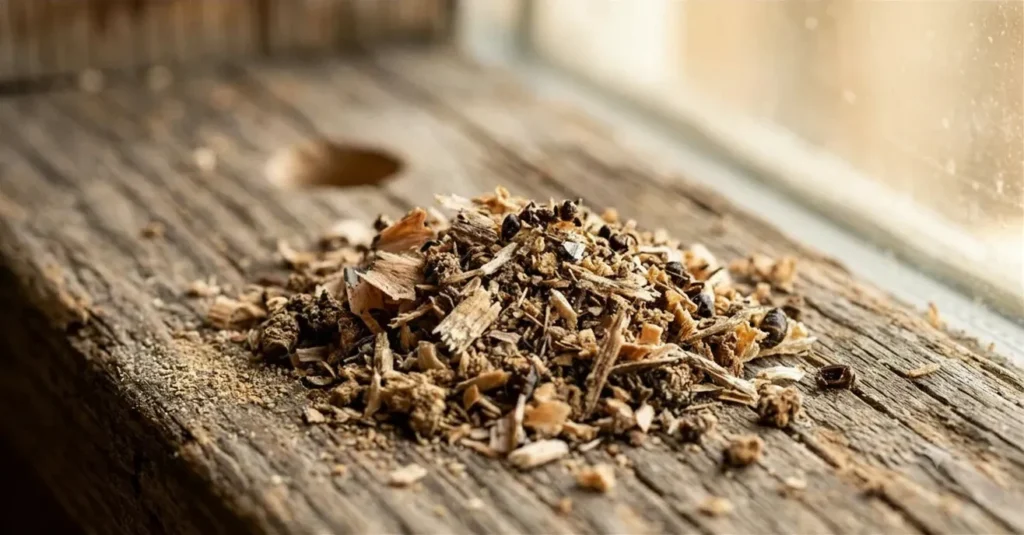 carpenter ant frass Carpenter ant frass sawdust-like debris on wooden windowsill near a kickout hole