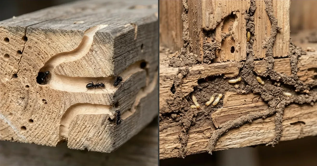 Side-by-side comparison of carpenter ant and termite damage. Showing smooth clean galleries vs muddy, rough tunnels