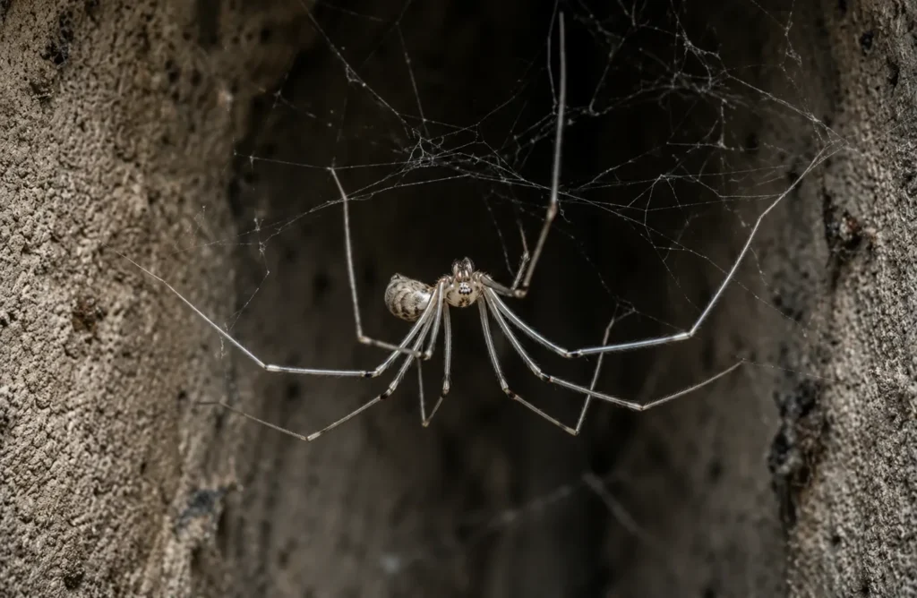 cellar spider daddy long legs basement Cellar spider with long thin legs hanging in loose web in basement corner