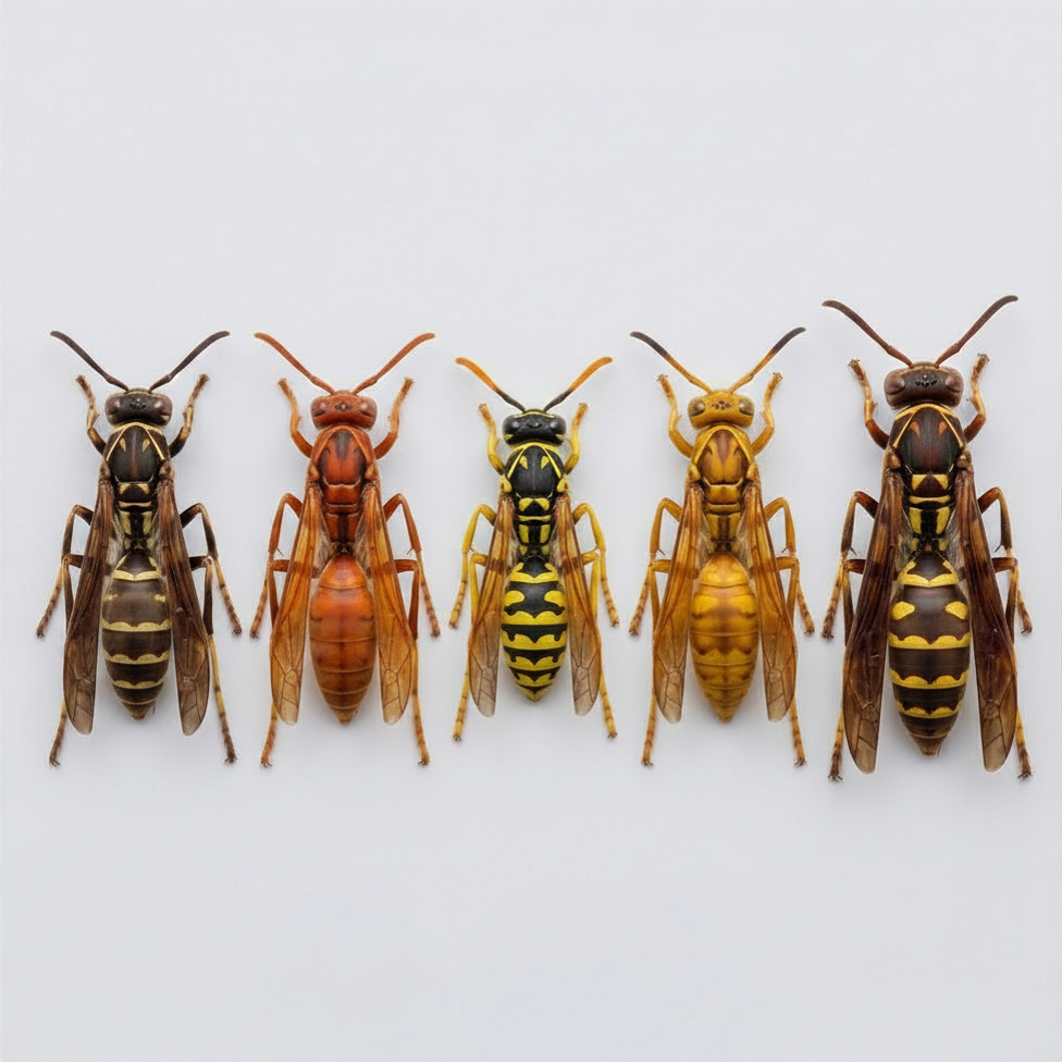 Side-by-side comparison of five common US paper wasp species including Northern, Southern, Western, Red, and European paper wasps