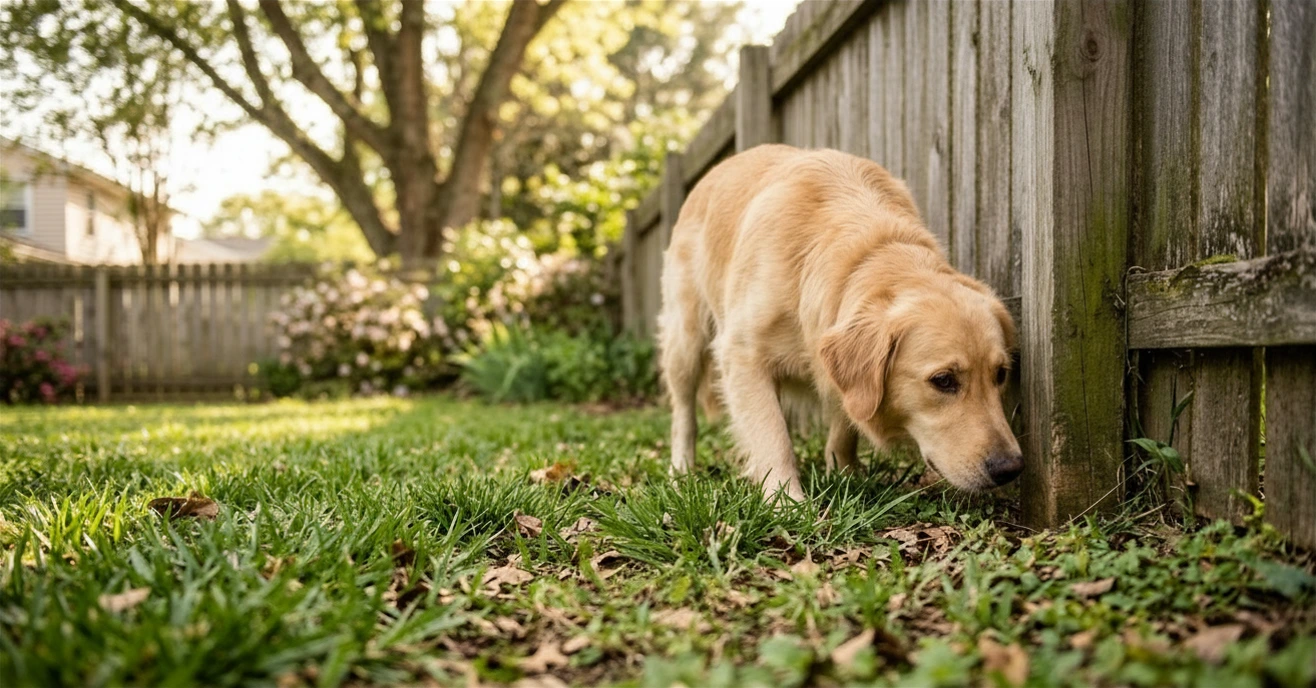 dog sniffing raccoon droppings backyard health risk dog sniffing near raccoon poop in backyard showing pet giardia leptospirosis exposure risk