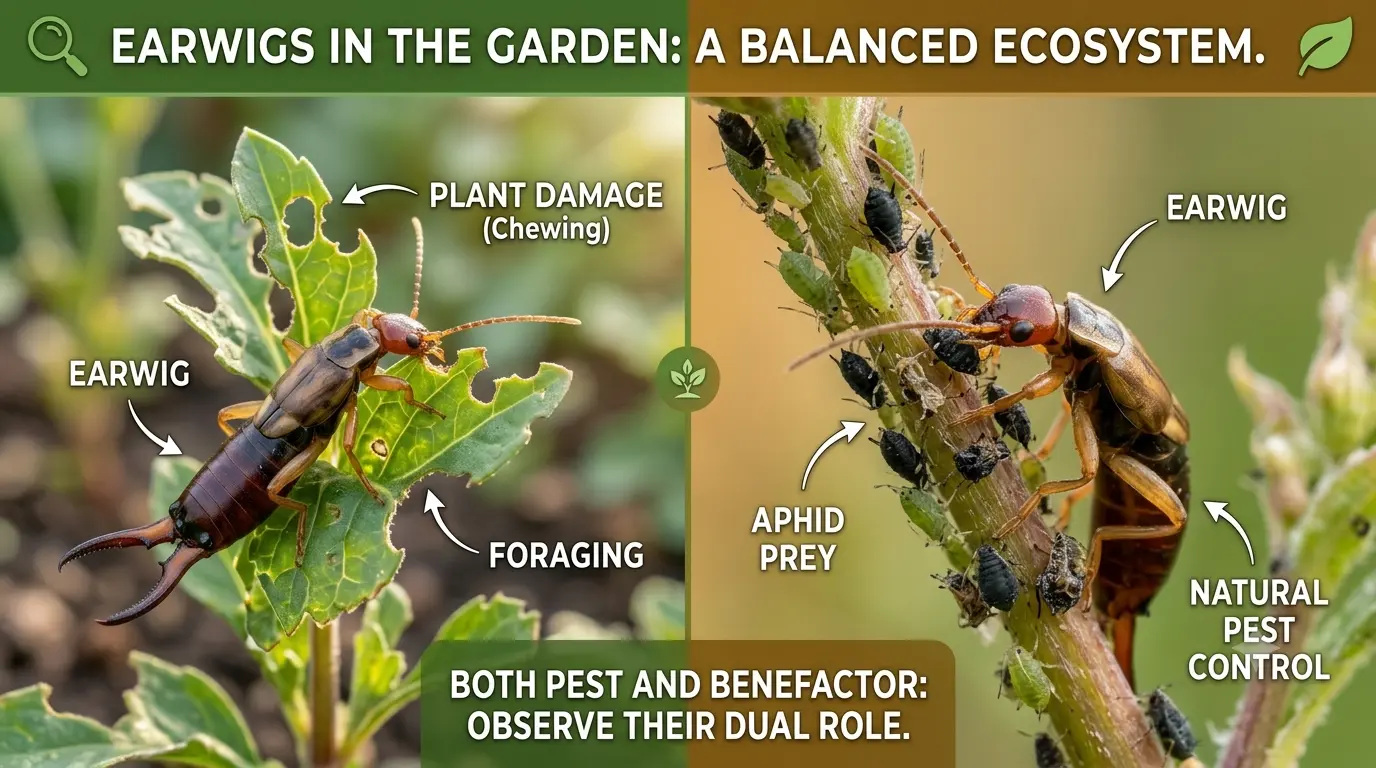 Earwig feeding on garden leaves, flowers and other pests; acting as natural pest control agents