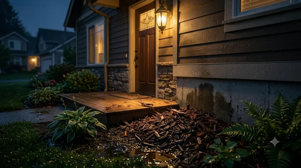 earwig house entry reasons.jpg Earwigs gathering near a damp foundation and mulch beside a home