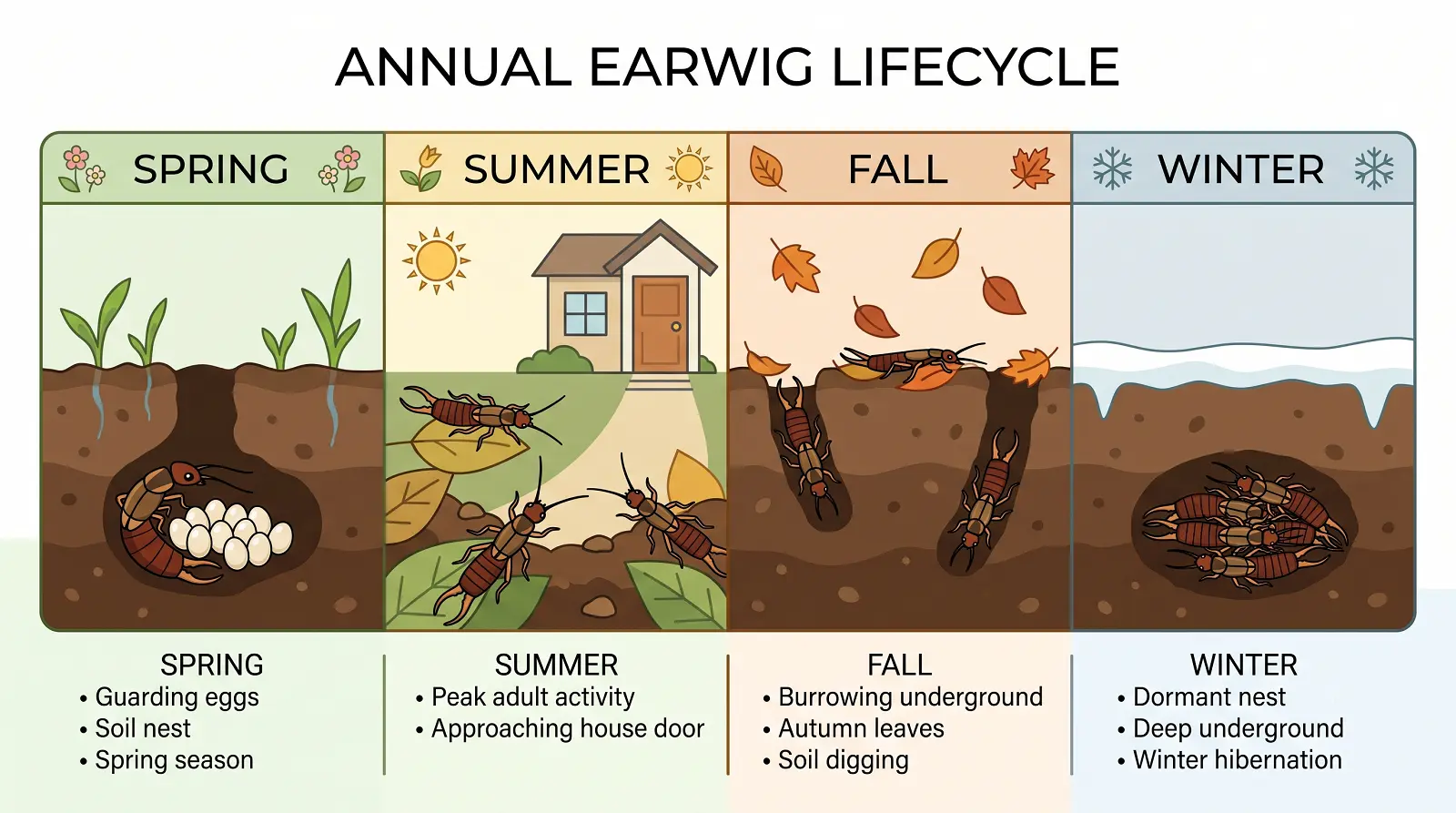 Infographic chart illustrating earwig activity across four seasons from winter soil burrows to peak summer indoor invasions