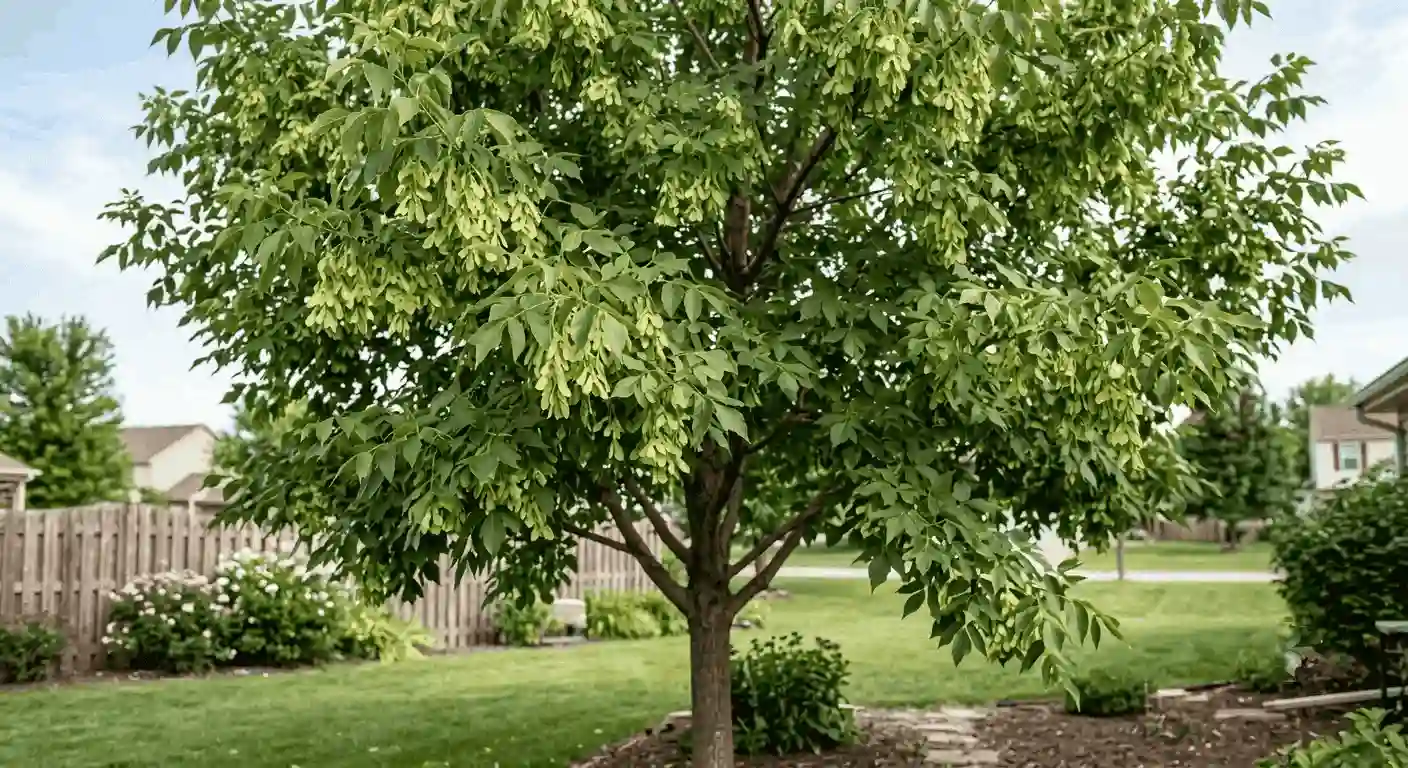 female boxelder tree seed pods acer negundo 1 Female box elder tree Acer negundo with hanging paired samara seed pods helicopter seeds identifying the primary bug host