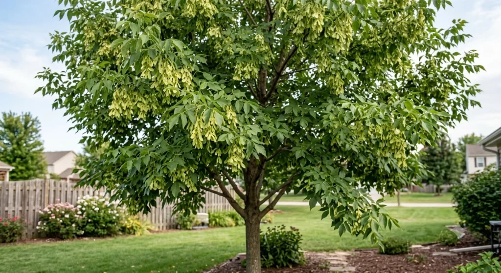 female boxelder tree seed pods acer negundo Female box elder tree Acer negundo with hanging paired samara seed pods helicopter seeds identifying the primary bug host