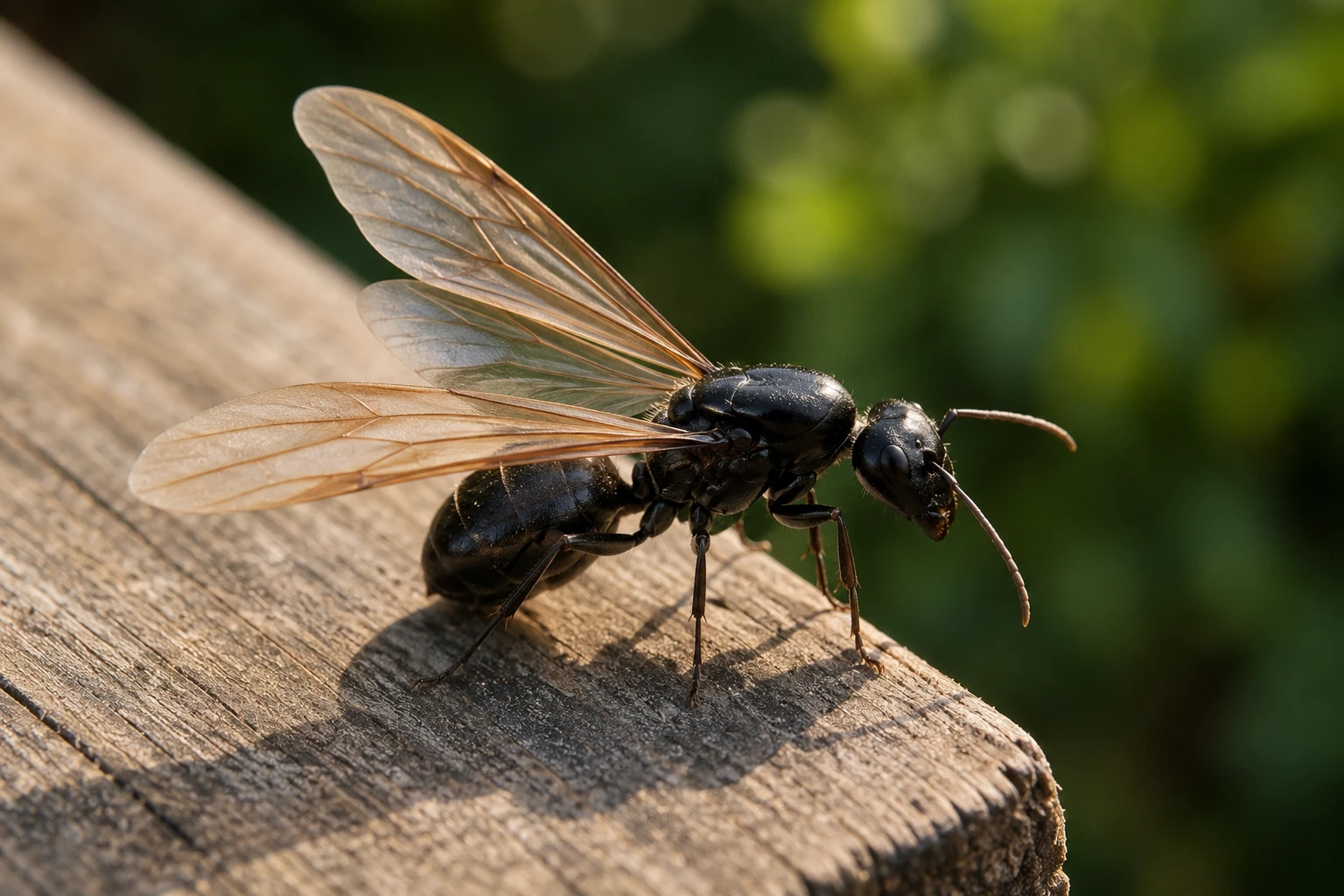 Flying carpenter ant swarmer with wings on wood showing front wings larger than rear wings
