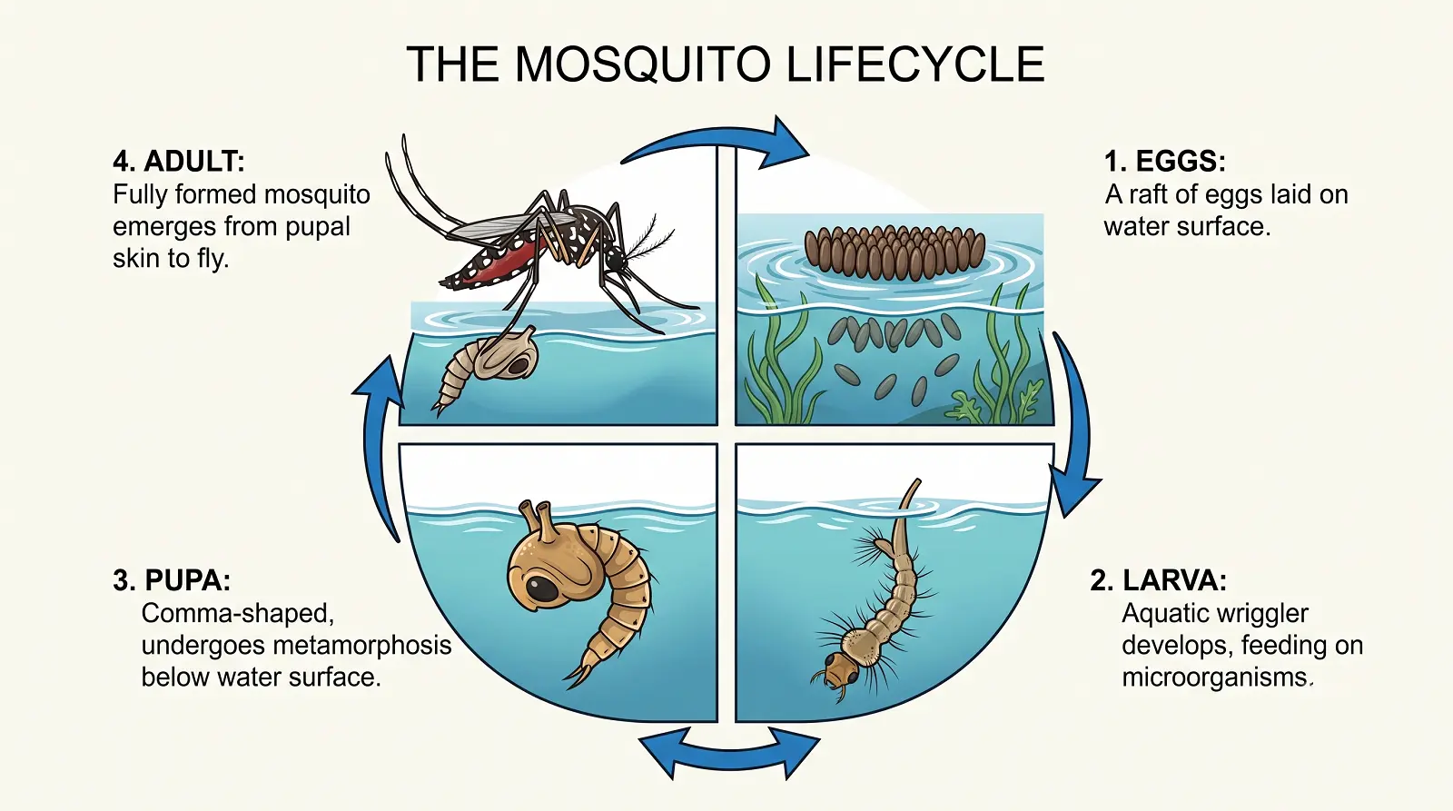 Diagram illustrating the four stages of the mosquito life cycle: egg, larva, pupa, and adult.