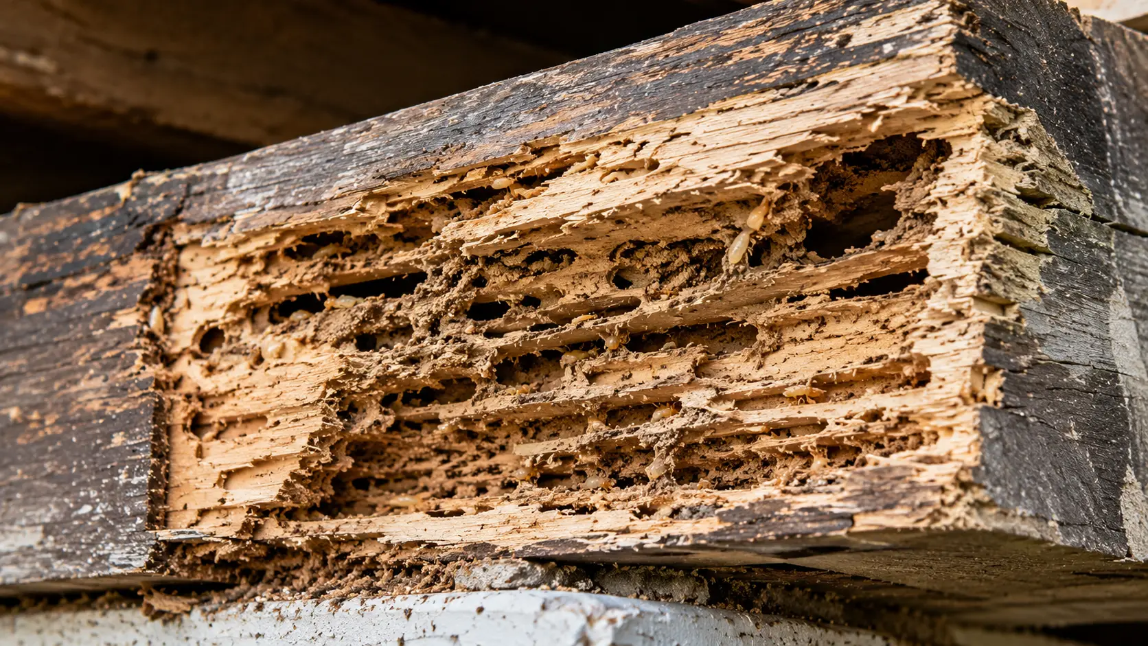 Internal termite damage inside wood. wood has become hollow