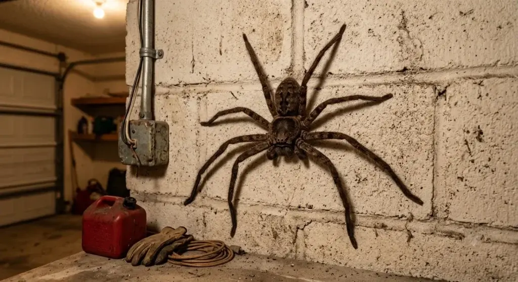 Large huntsman spider on garage wall in Florida home at night