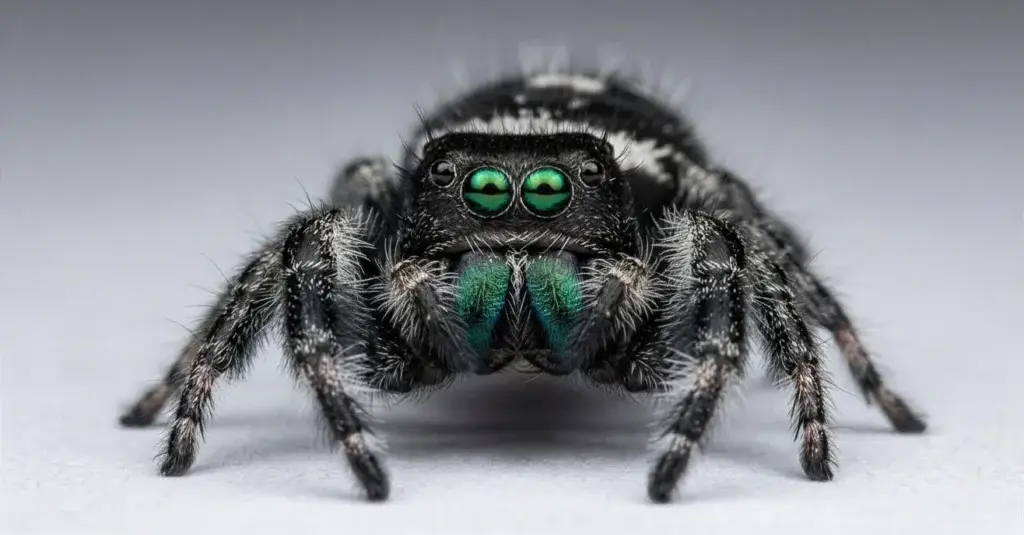 Jumping spider close-up showing large forward-facing eyes and black fuzzy body