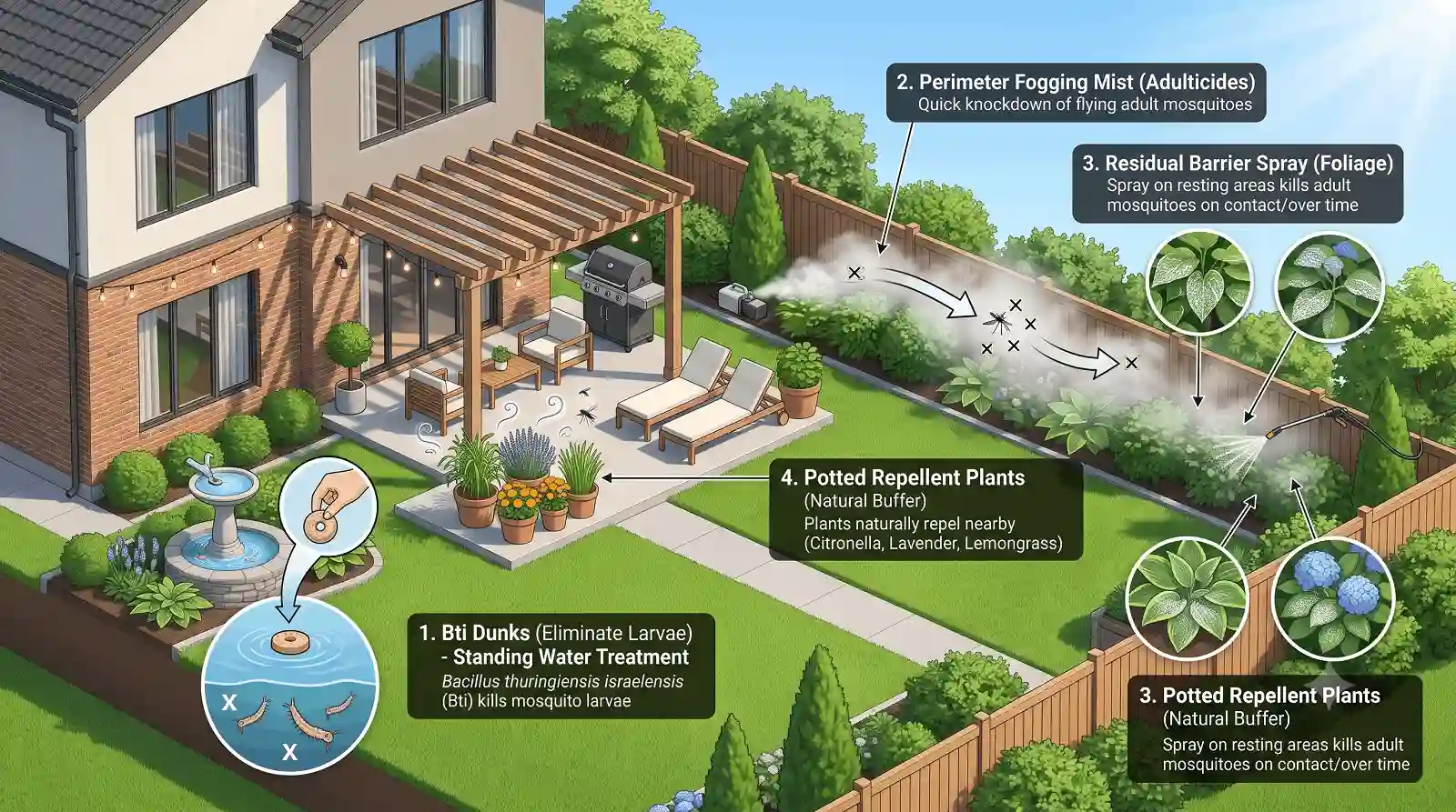 layered mosquito yard control strategy diagram 3D architectural diagram of a suburban yard highlighting multi-layer mosquito control zones including foggers, dunks, and sprays.