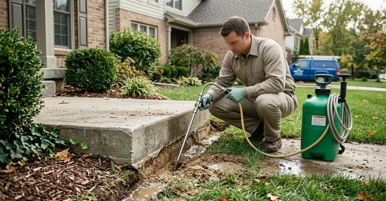 liquid termiticide barrier treatment foundation injection Pest control technician injecting liquid termiticide, for termite control, into soil trench around home foundation