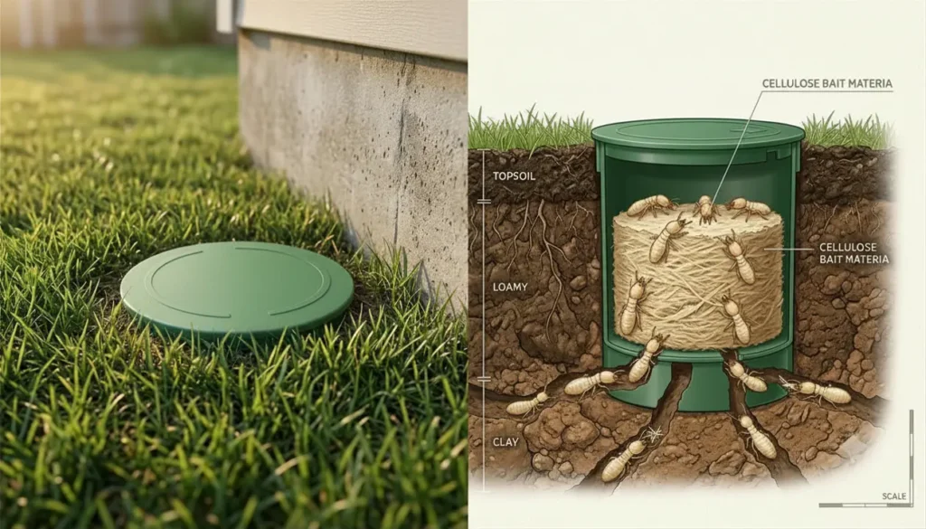liquid termiticide barrier treatment soil injection foundation Pest control technician injecting liquid termiticide into soil trench around home foundation