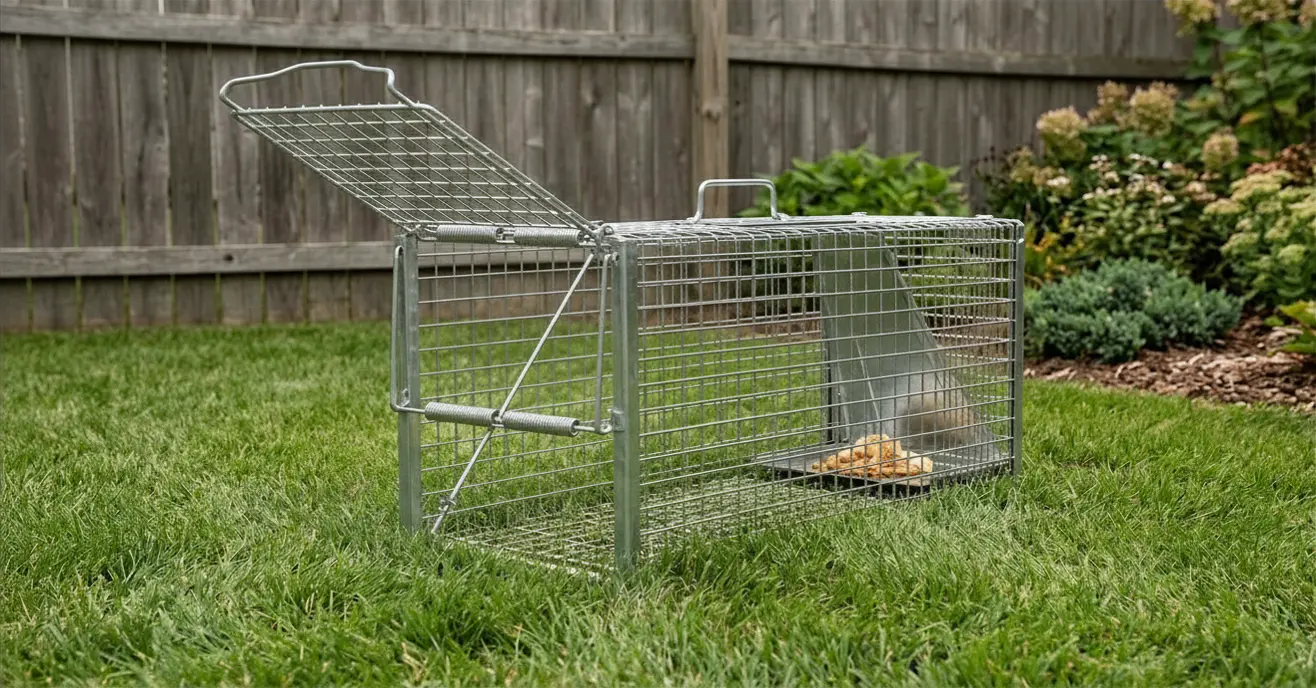 A heavy-duty live cage trap properly set up in a suburban yard for humane raccoon removal